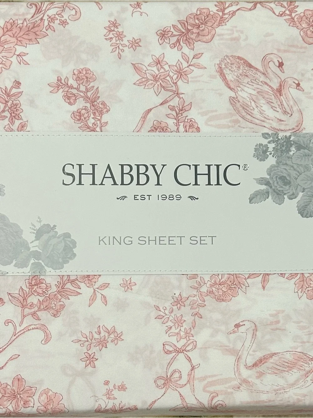 Shabby Chic KING Sheet Set Pink White Swan Toile Floral 4 Piece Microfiber NEW